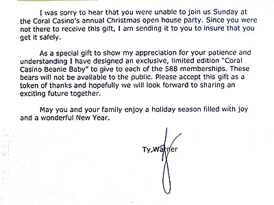 Coral Casino - letter from Ty to club members