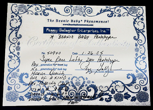 Lefty Beanie Babies donkey prototype Certificate of Authenticity