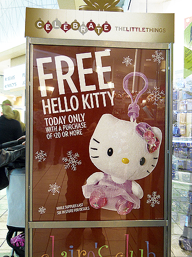 Claire's promotion sign for free Hello Kitty with $20 purchase