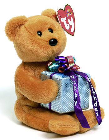 Happy Birthday (brown, holding gift) - bear - Ty Beanie Baby