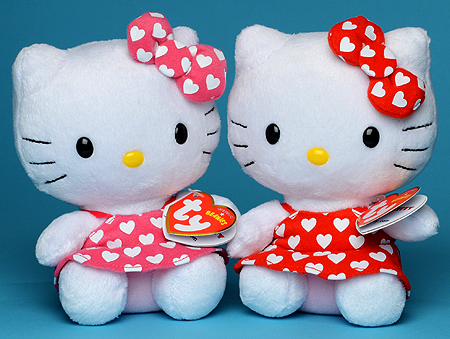 Hello Kitty pair with white hearts on pink or red dress