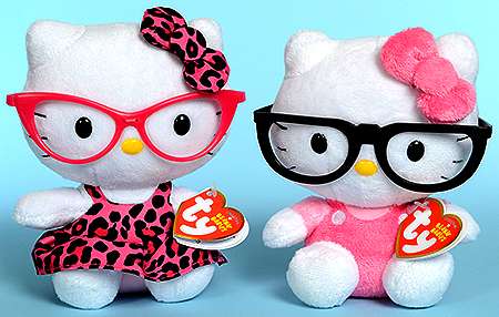 Hello Kitty (fashionista, pink glasses) and Hello Kitty (nerd)