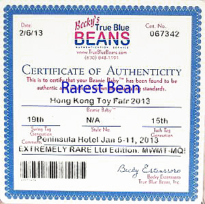 Hong Kong Toy Fair 2013 - True Blue Beans Certificate of Authenticity