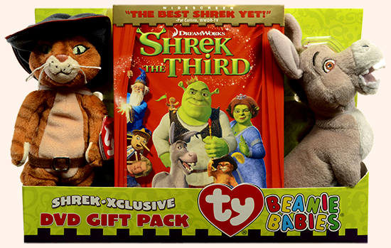 DVD movie Shrek The Third with Donkey and Puss In Boots Beanie Babies - front