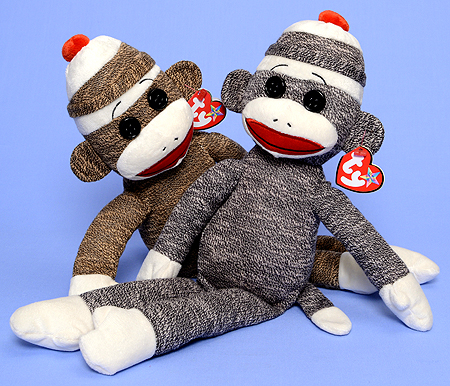 Brown and gray Beanie Buddy versions of Socks the Sock Monkey