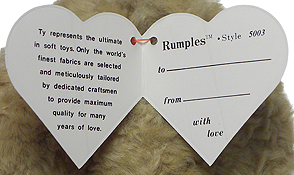 Rumples (gold with green/teal ribbon) swing tag inside