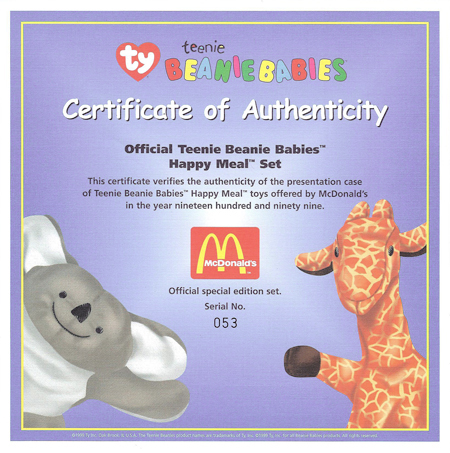 Certificate of Authenticity for the Official Teenie Beanie Babies Happy Meal Set - UK - 1999
