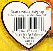 Pillow Pals 4th generation swing tag - back
