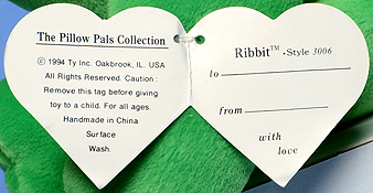 Pillow Pals 1st generation swing tag - inside
