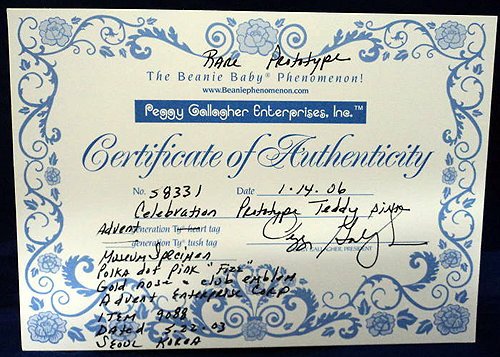 Celebration Teddy (blue) Beanie Babies bear prototype Certificate of Authenticity
