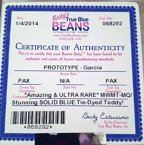 Garcia Beanie Babies bear prototype Certificate of Authenticity