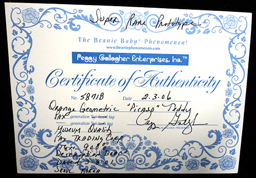 Picaso Beanie Babies bear prototype Certificate of Authenticity