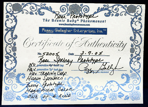Springy Beanie Babies bear prototype Certificate of Authenticity