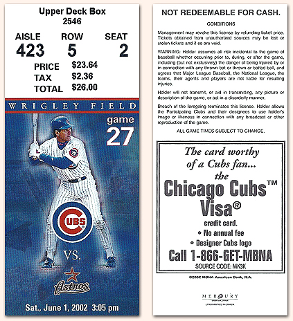 Cubbie Kerry - game ticket front & back